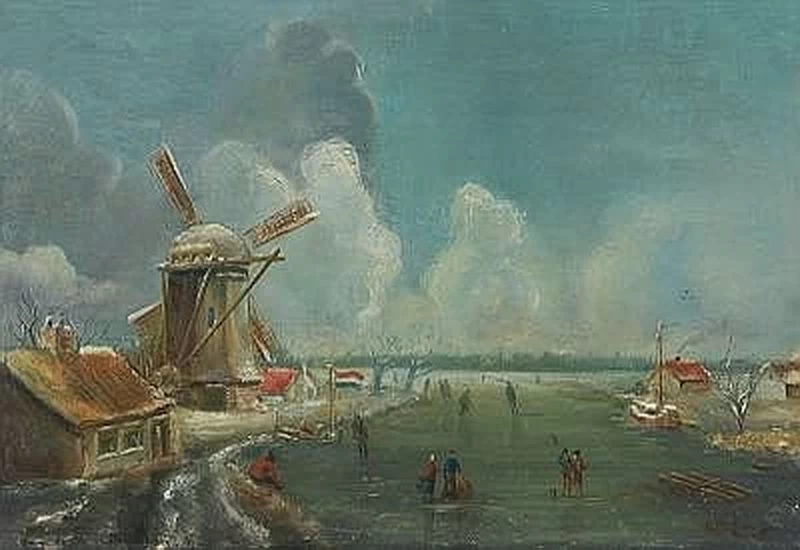 Wijnand Nuyen-36-Paesaggio invernale con fiume ghiacciato e mulino a vento, 1837